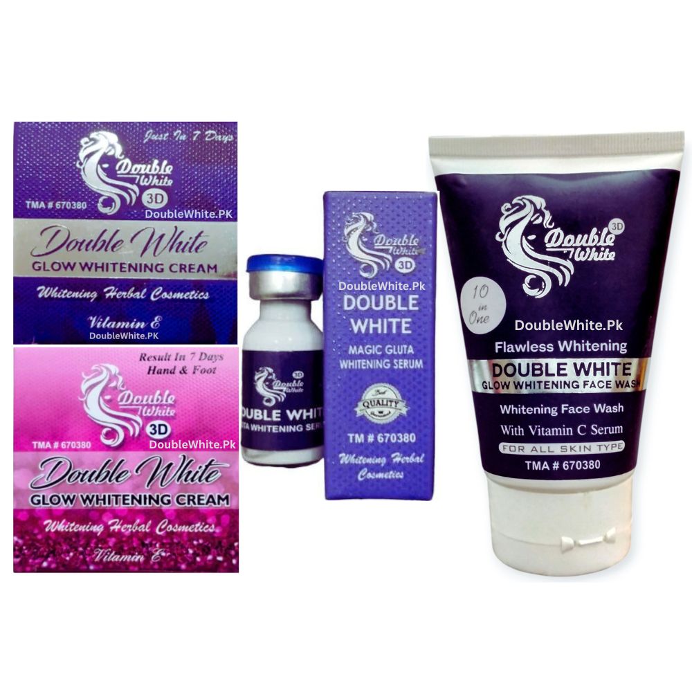 Double White Whitening Combo Deal, Includes: Double White Whitening Cream, Hand & Foot Cream, Whitening Face Wash, and Gluta Whitening Serum – the ultimate skincare bundle for visibly brighter, softer, and nourished skin.